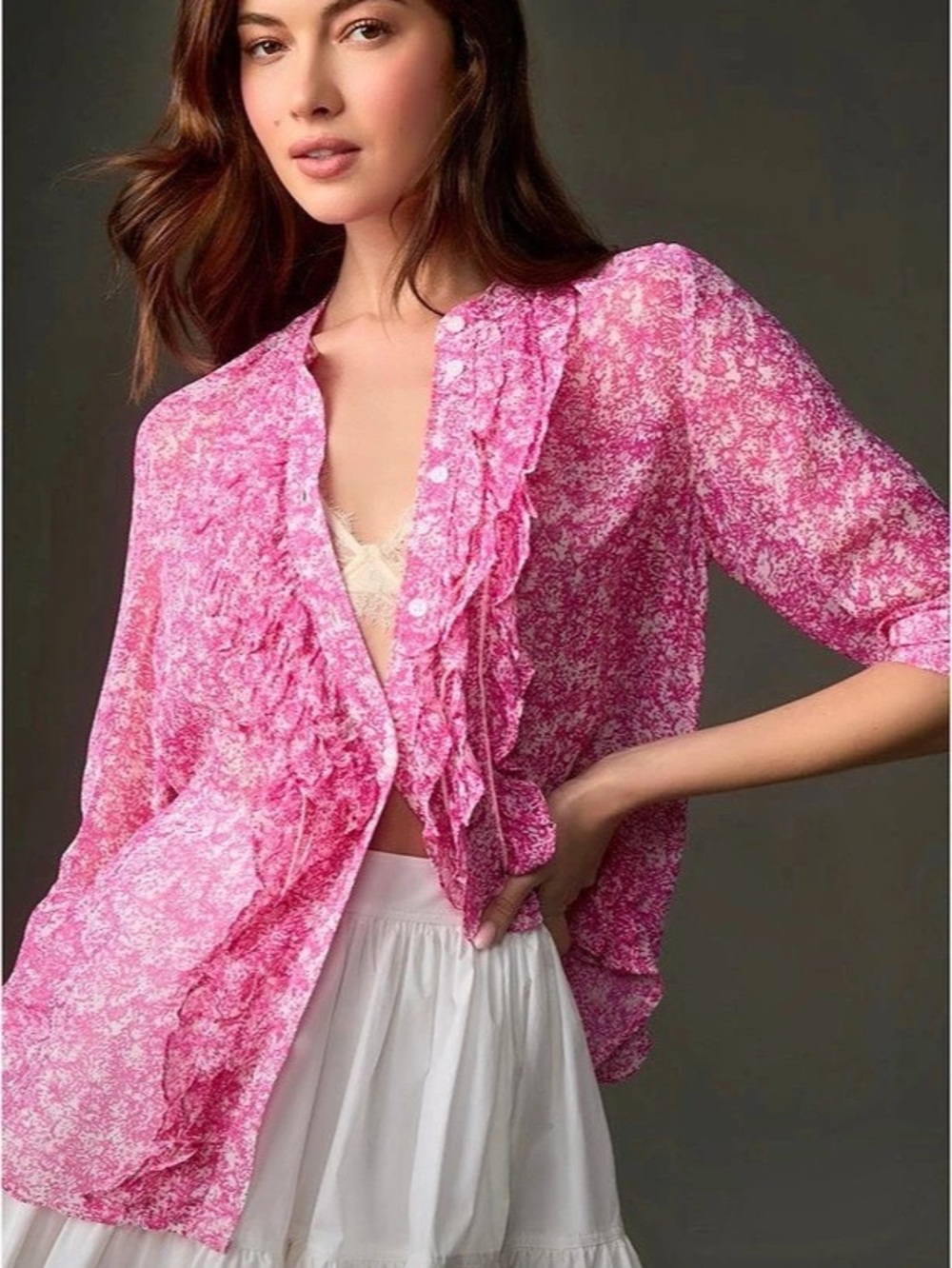 Maeve Ruffle-Front Buttondown Shirt Abstract Print Blouse in Pink & White Size